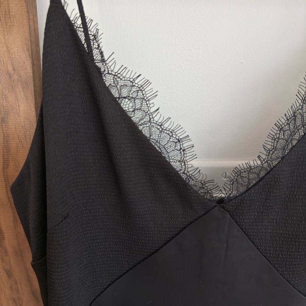 Black Satin Slip Dress Lace Trim Midi High Low Spaghetti Strap Goth M - Picture 5 of 8